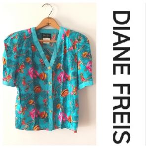 Diane Freis silk scarf print top see measurements